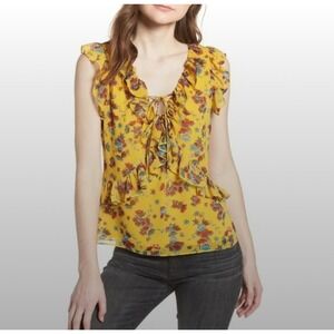 Rebecca Minkoff Yellow Floral Ruffle Tie Blouse Top Bold Bohemian Indie Fairy XS
